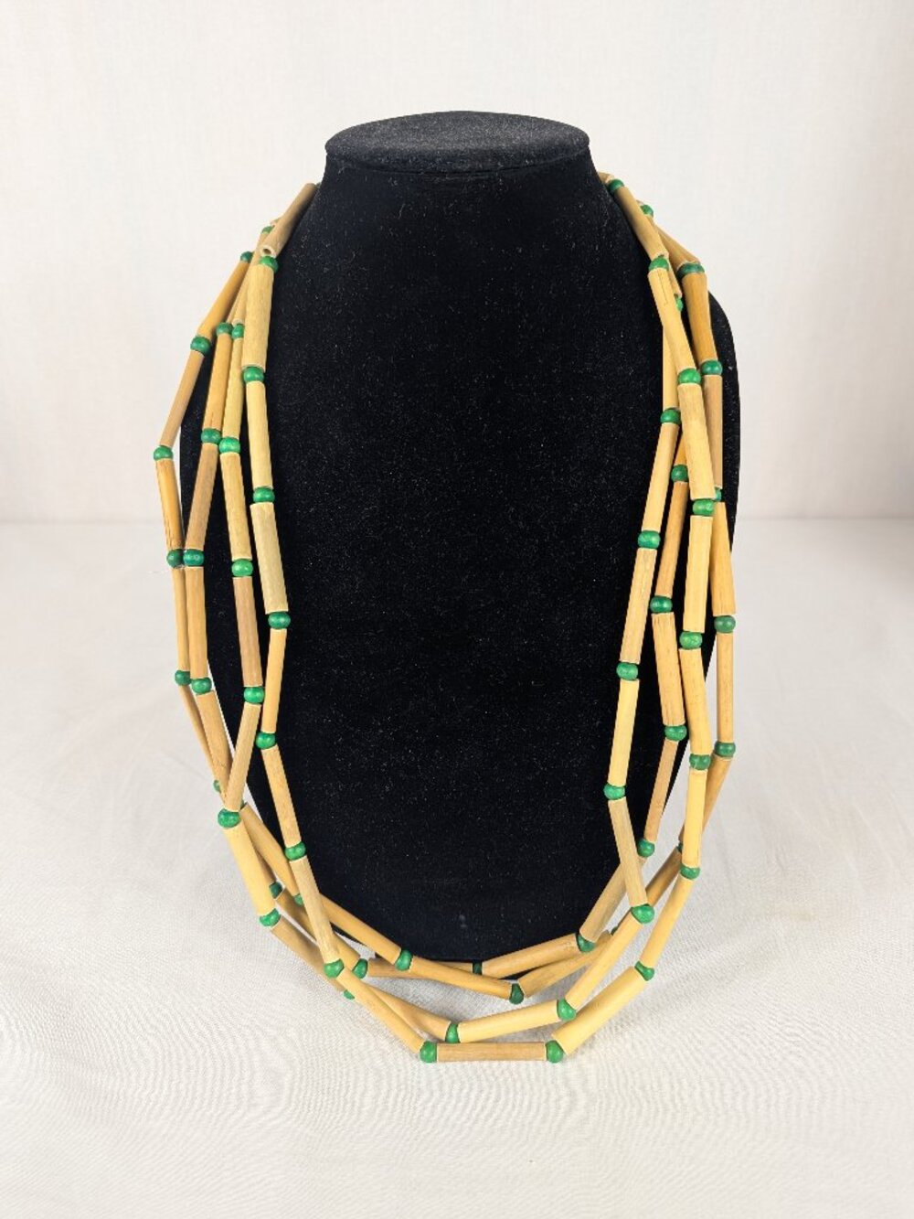 Vintage 90s Y2K Necklace Handmade Bamboo Tube Tan Green Wood Bead  17” Boho - 4